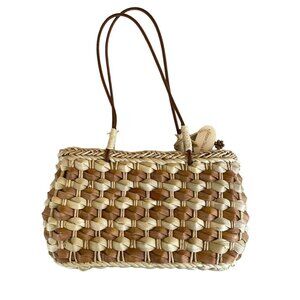 🌿 Straw Studios Brown & Tan Woven Shoulder Bag Leather Straps Summer